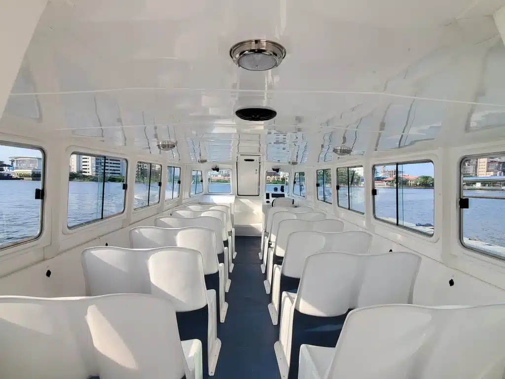 Interior view of the Electric OMIBUS ferry in Lagos, featuring the clean, quiet passenger cabin enabled by ExploMar’s electric propulsion system.